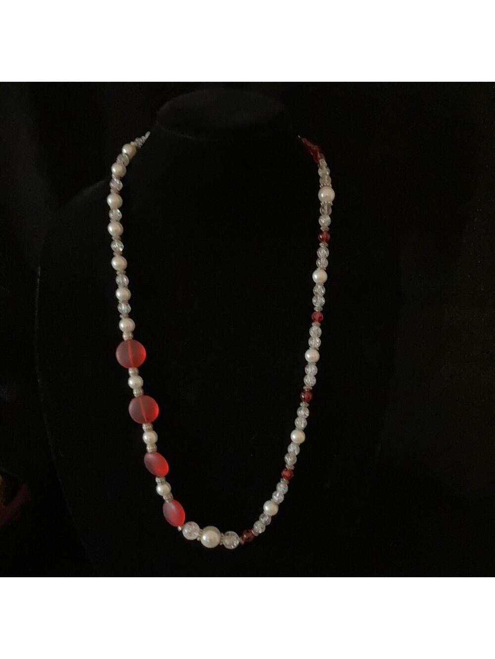 Pearl, Red Sea glass, & crackle glass necklace